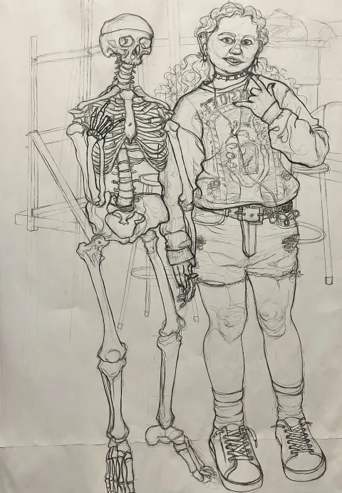 A traditional self portrait of Myg holding hands with a skeleton and posing.